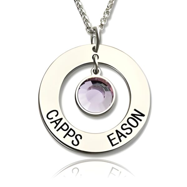 Personalized circle name pendant with birthstone