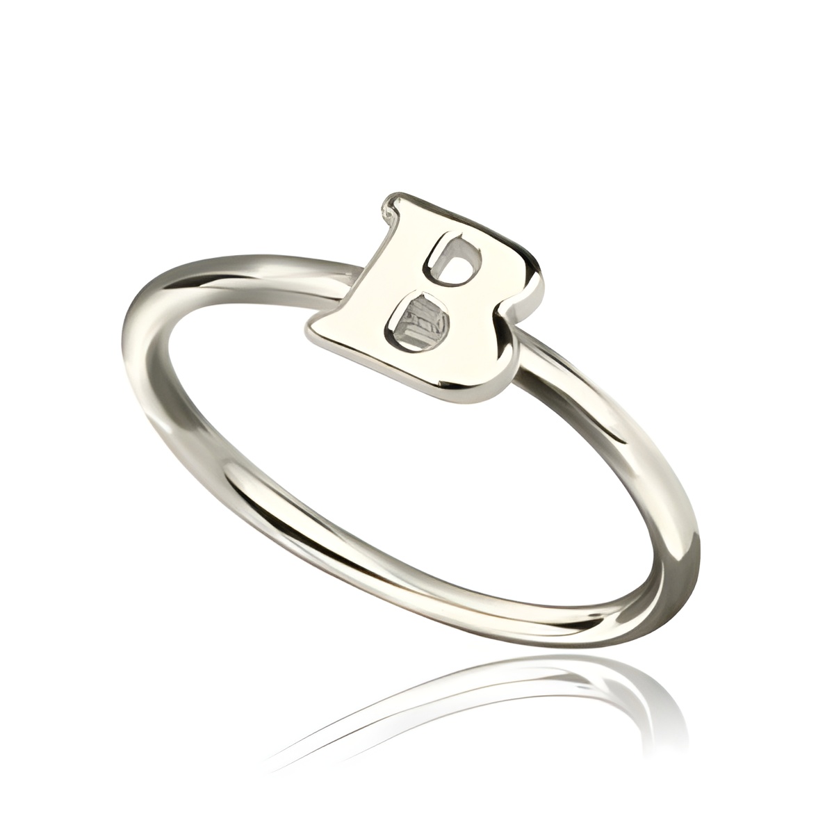 Hand-engraved sterling silver initial ring close-up