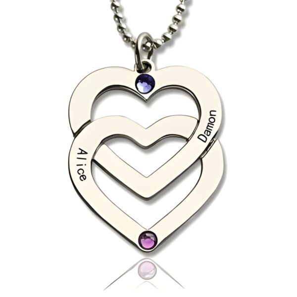 Engraved double heart birthstone necklace for love