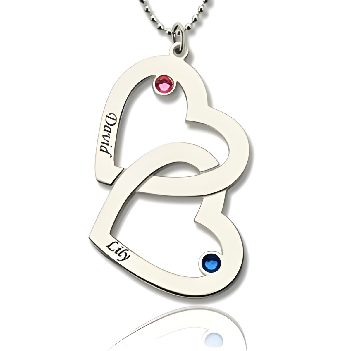 Double heart name necklace with birthstones for mom