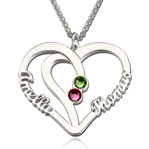 Heart-shaped name necklace with birthstones for couples