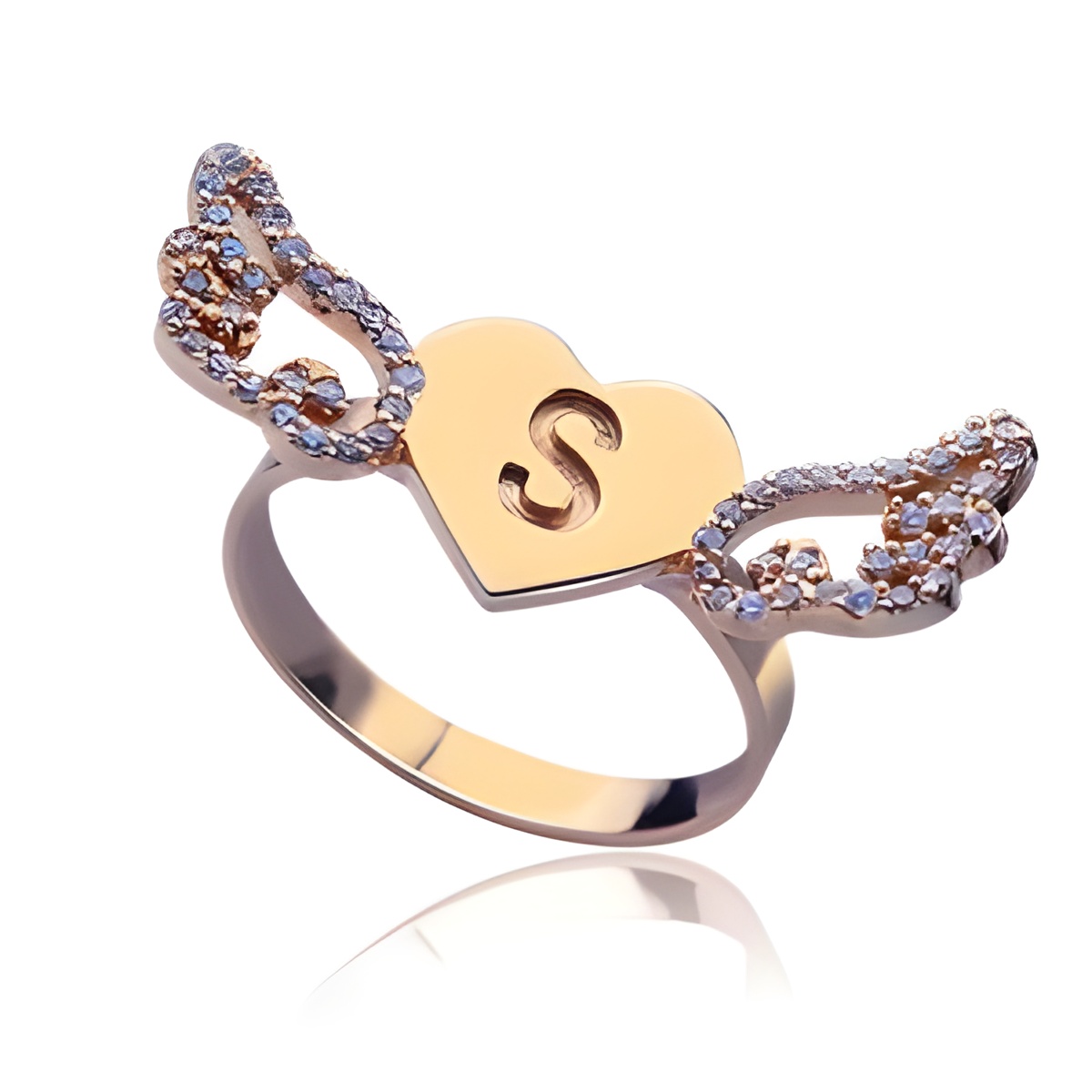 Angel wings heart ring with initial for personalized love