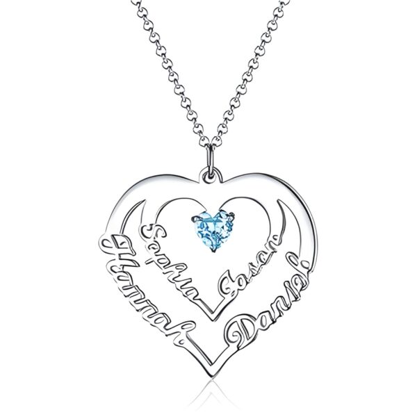 Personalized heart necklace with names and birthstones