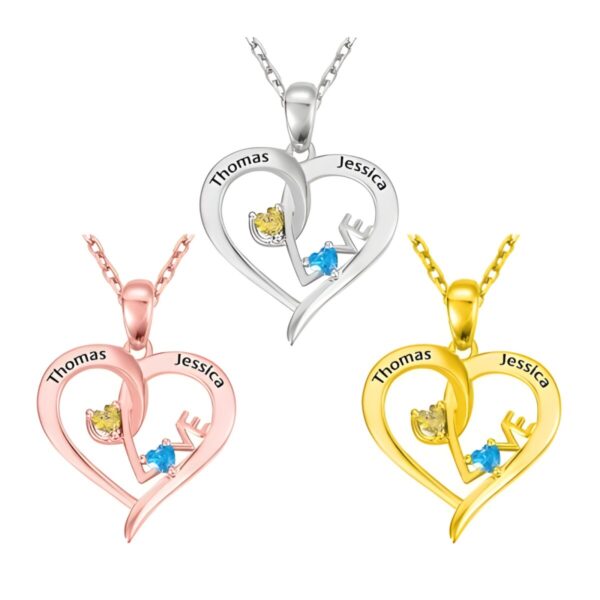 Heart-shaped name necklace with birthstones symbolizing love