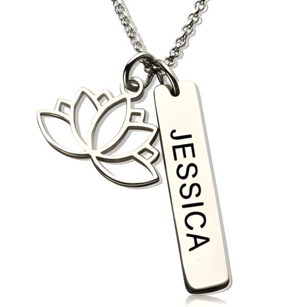 Lotus flower necklace with engraved name bar for empowerment