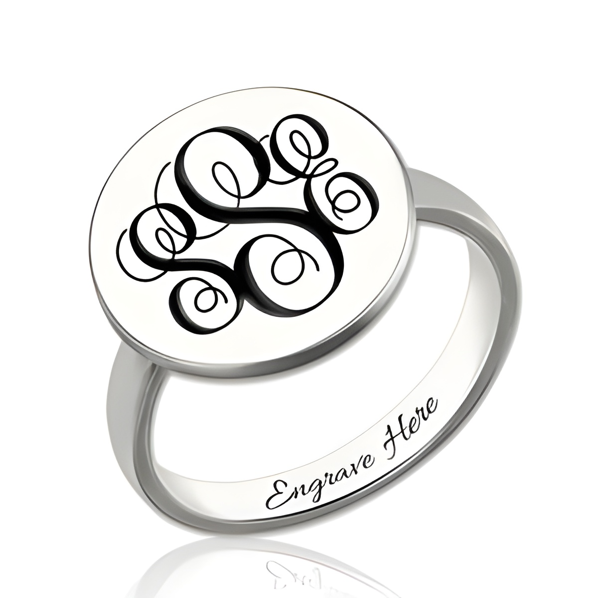 Engraved sterling silver monogram ring showcasing initials