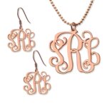 Rose gold monogram necklace and earrings set for personalization