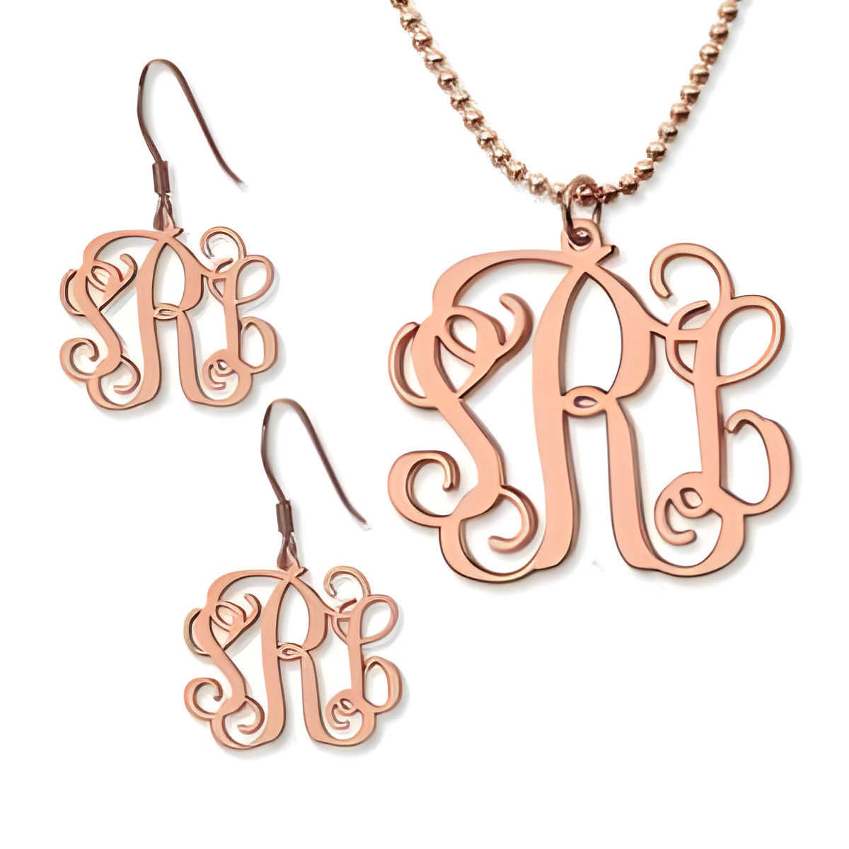 Rose gold monogram necklace and earrings set for personalization