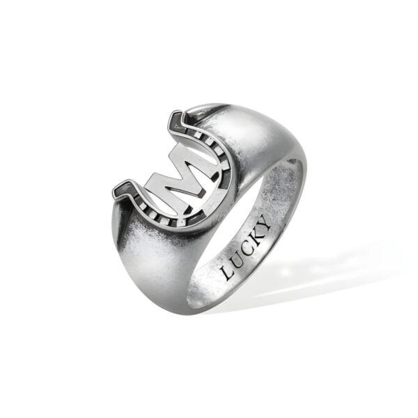 Engraved horseshoe ring for him symbolizing luck