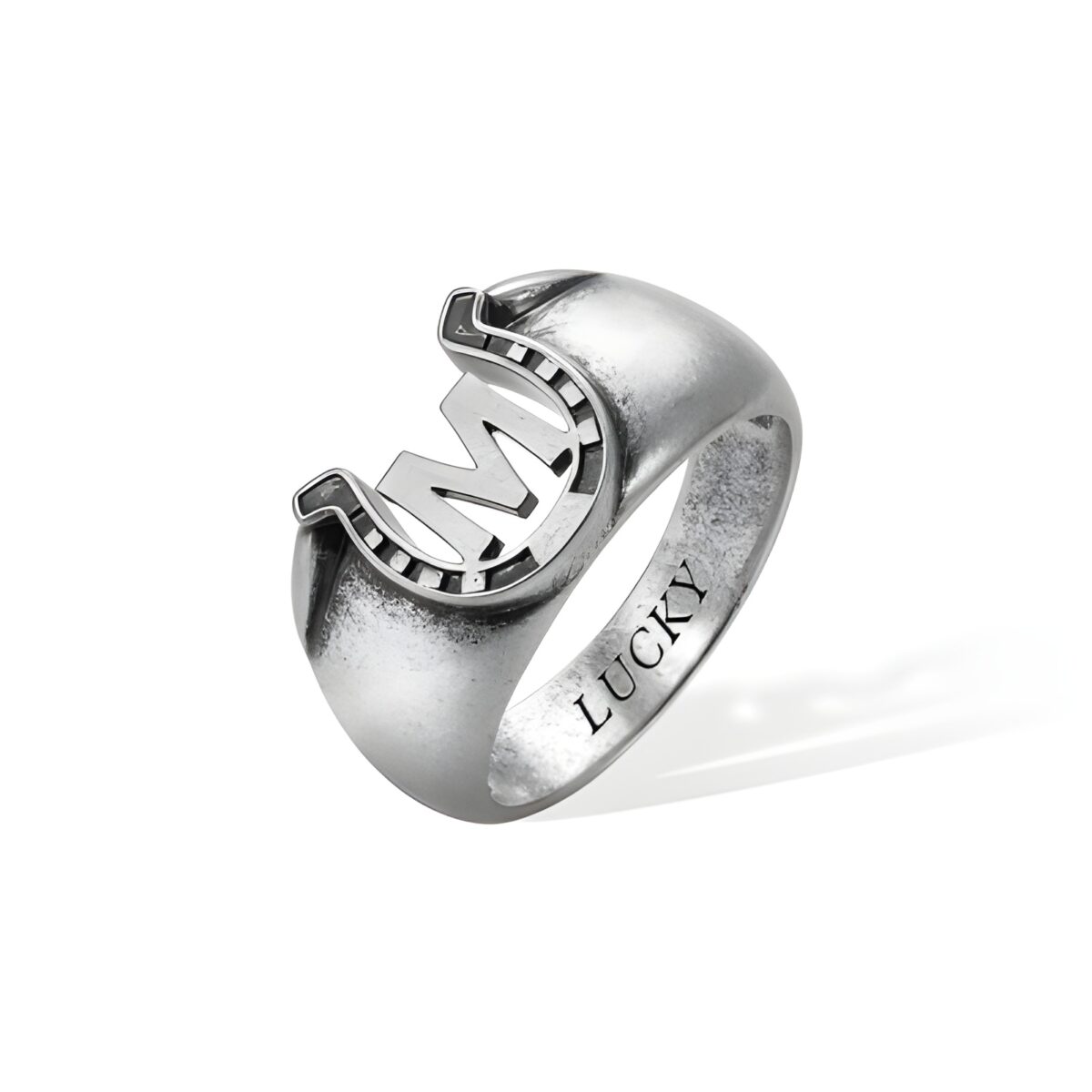 Engraved horseshoe ring for him symbolizing luck