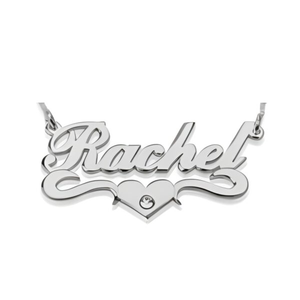 Personalized nameplate necklace with birthstone close-up