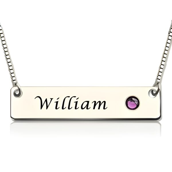 Personalized nameplate necklace with birthstone close-up