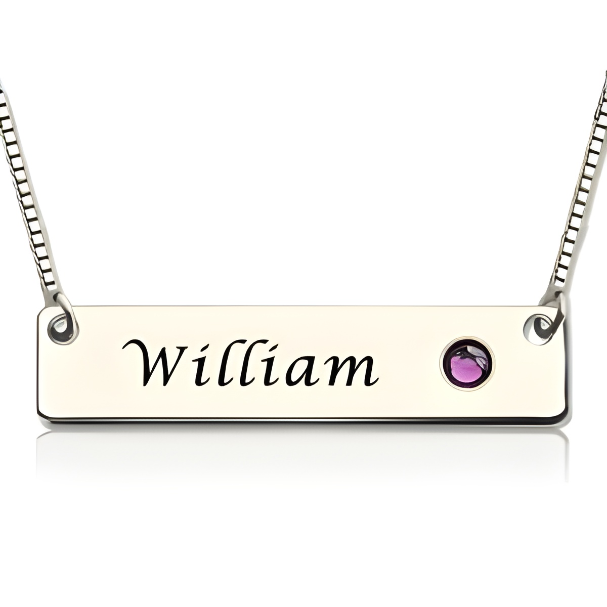 Personalized nameplate necklace with birthstone close-up