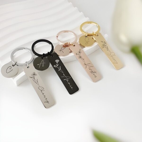 Birth flower bar keychain with initial disc for personalized gifts