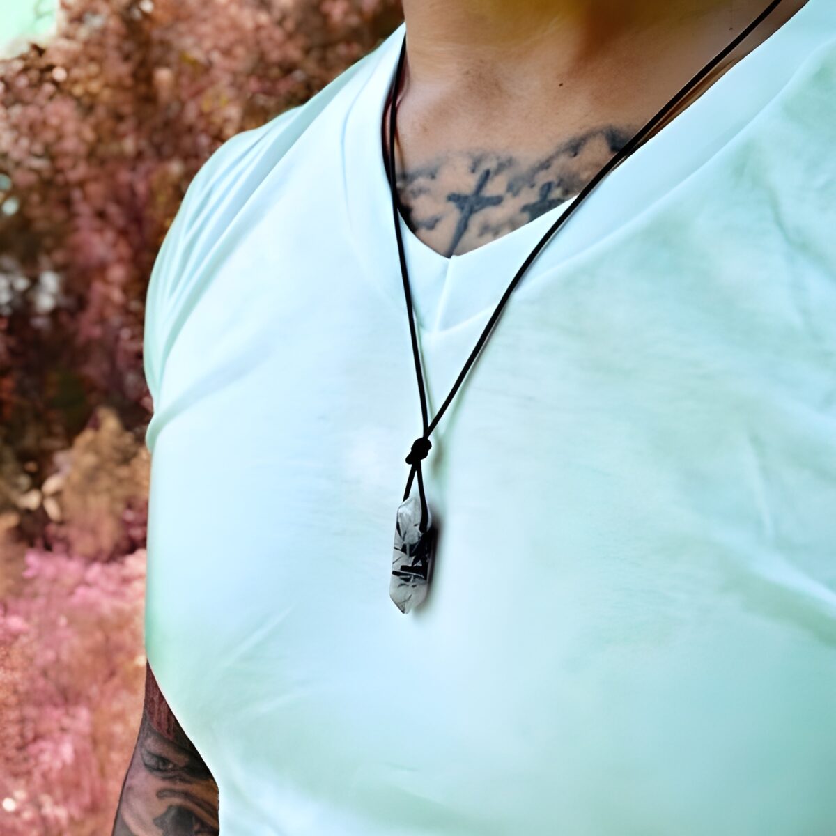 Rutilated quartz necklace for men with leather chain