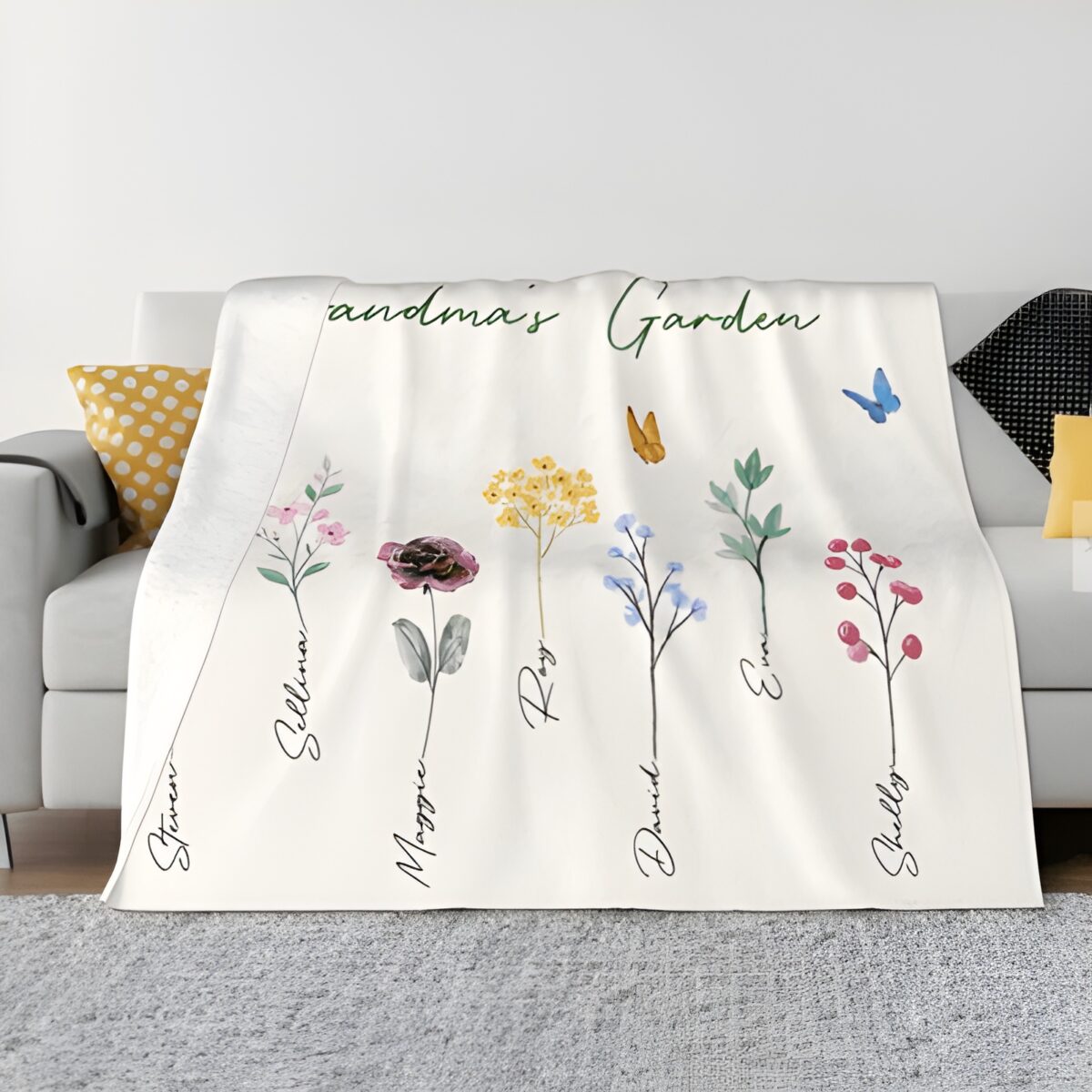 Custom floral blanket for grandma with grandkids' names