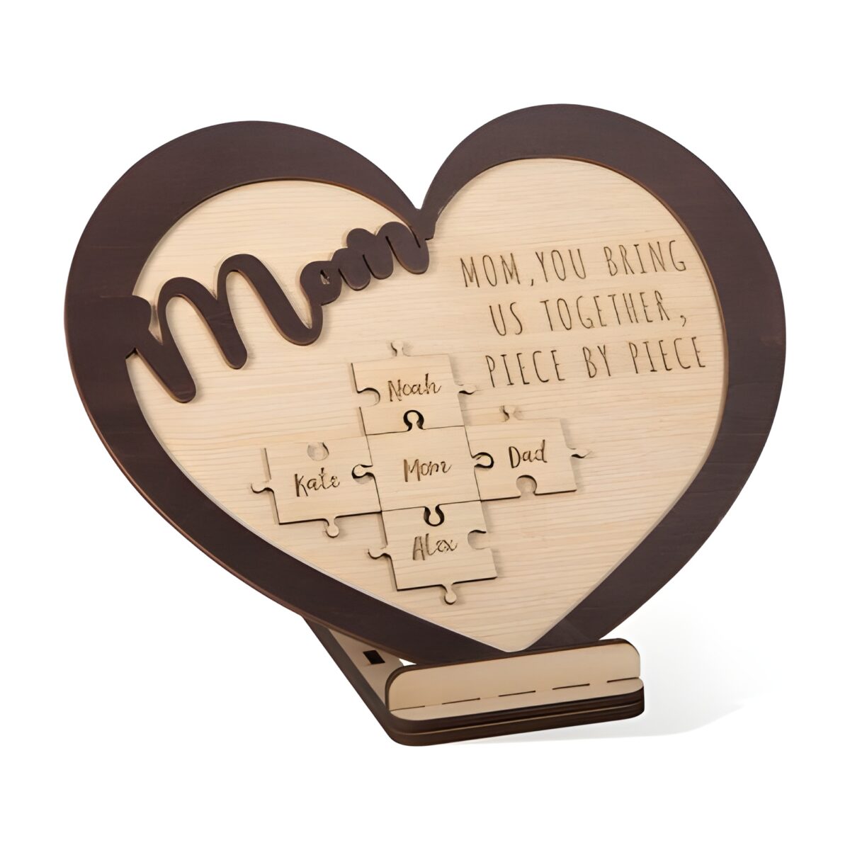Heart-shaped wooden name puzzle celebrating family love