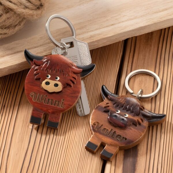 Custom wooden Highland cow keychain for cow lovers