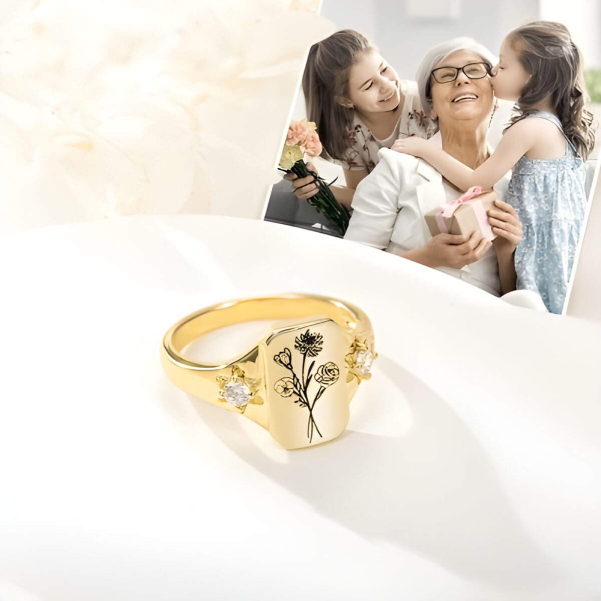 Custom birth flower signet ring for family love
