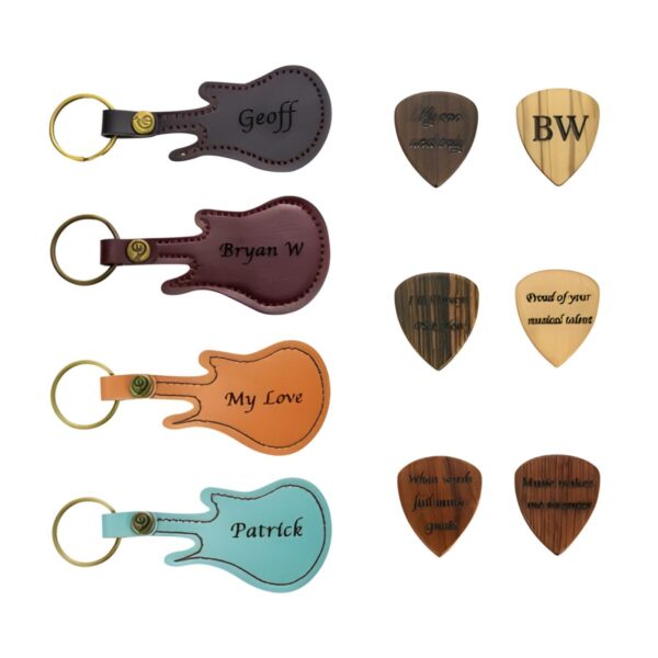 Engraved wooden guitar pick for music lovers