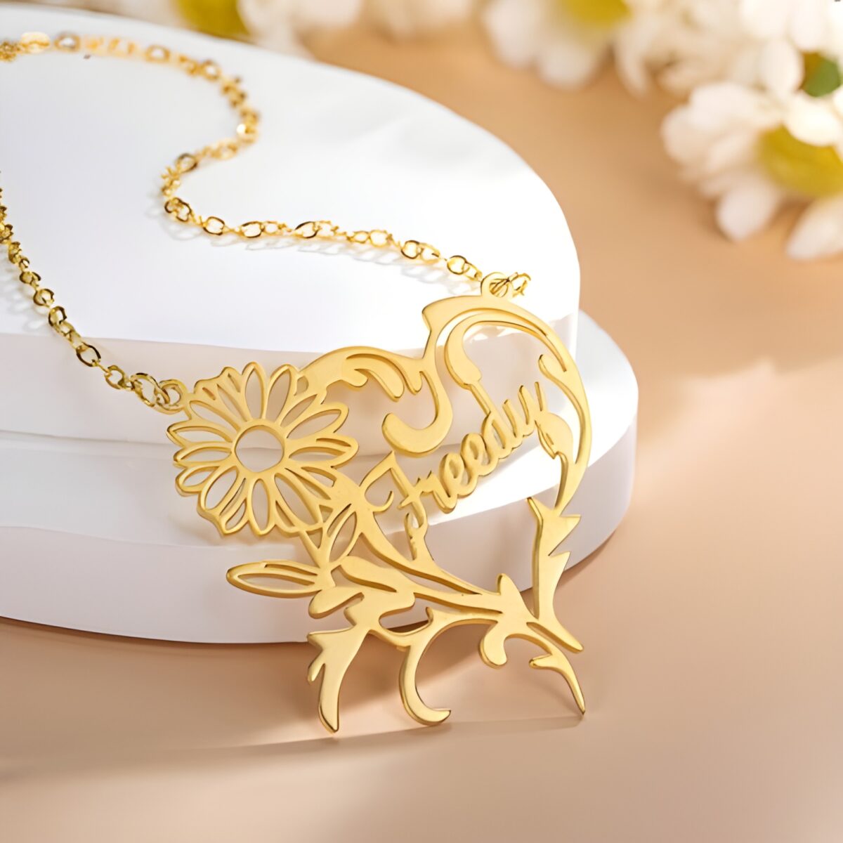 Custom birth flower necklace with heart charm