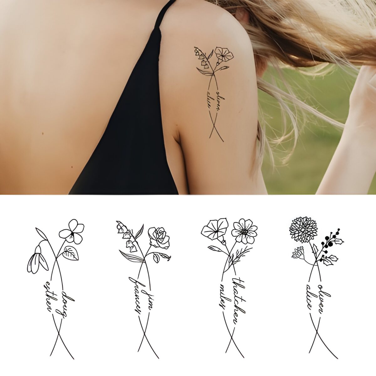 Custom dual name birth flower tattoos for cherished bonds