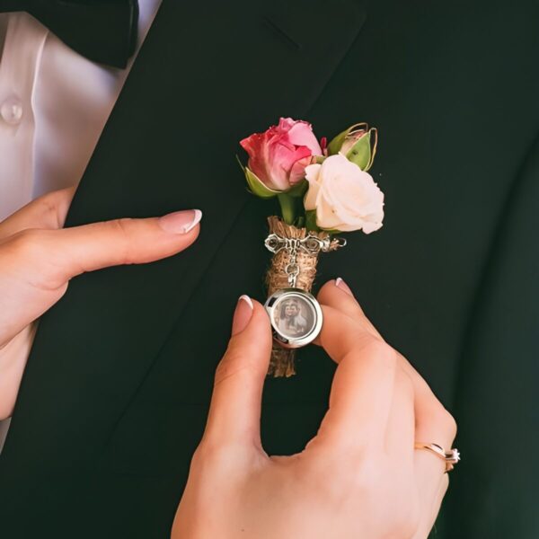 Custom photo wedding lapel pin for cherished memories