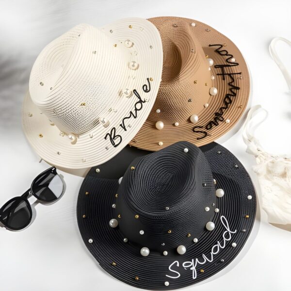 Custom straw pearl sun hat for brides and bridesmaids