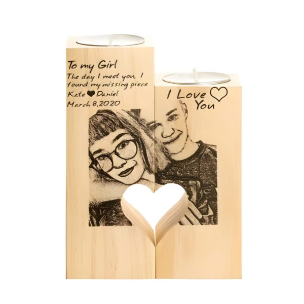 Custom photo wooden candlesticks for couples