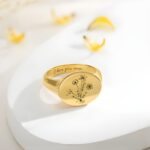 birth flower engraved signet ring for cherished memories