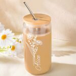 Celebrate Her Story – Custom Birth Flower Glass Tumbler with Lid and Straw – A Cherished Keepsake for Bridesmaids and Special Moments - Image 3