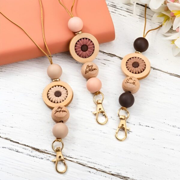 Custom name beaded lanyard with boho floral charm