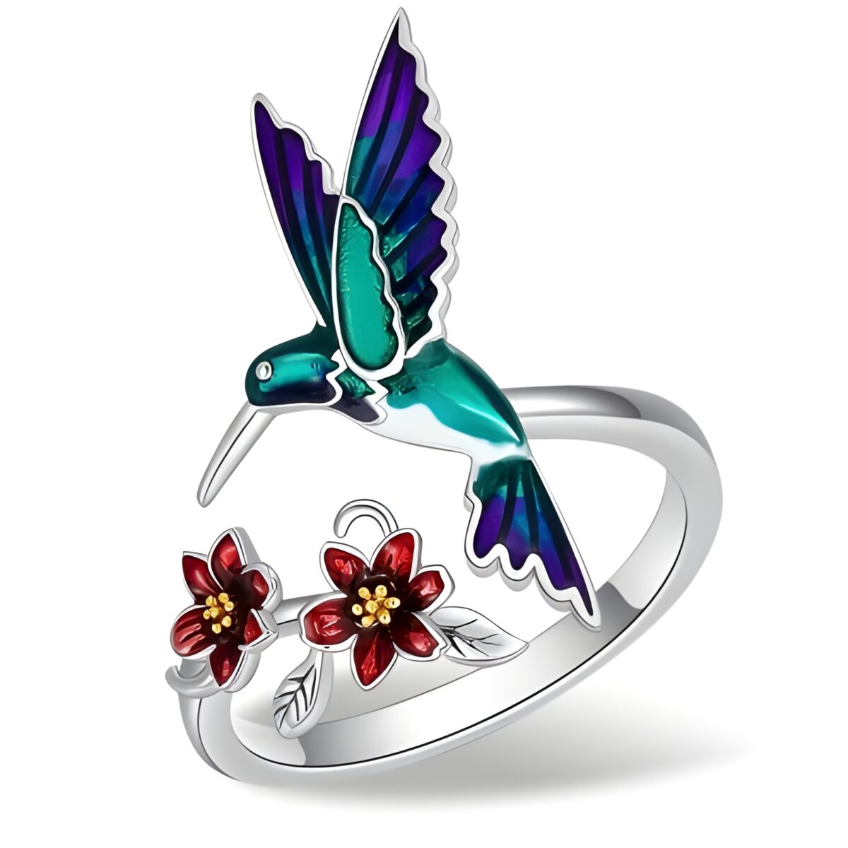 Custom hummingbird ring with red bell flower design