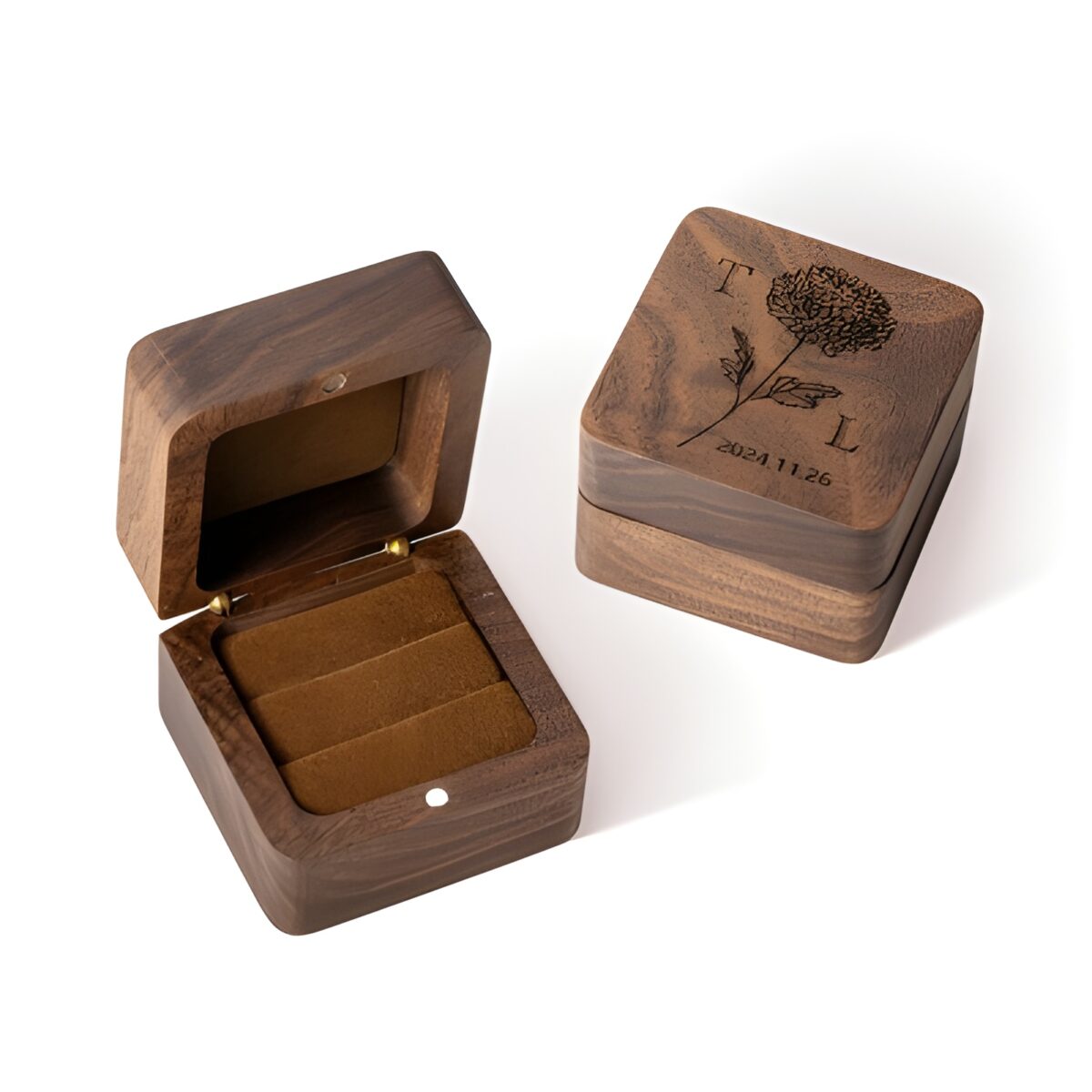 Handcrafted wooden birth flower ring box for couples