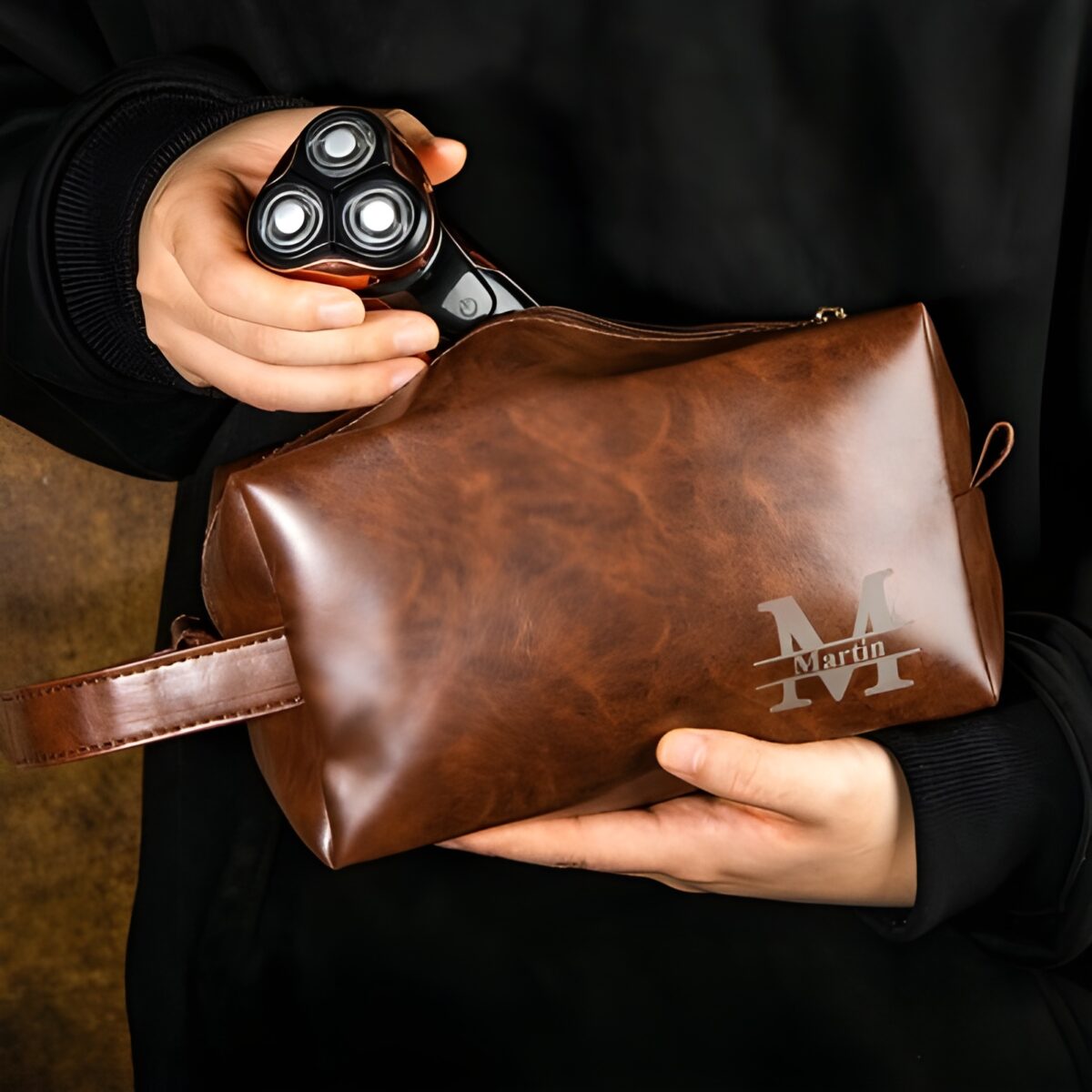 Monogrammed leather dopp kit for timeless care