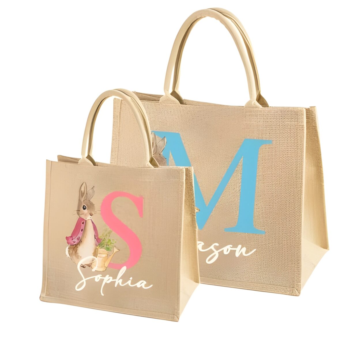 Personalized Peter Rabbit jute tote for Easter gifts