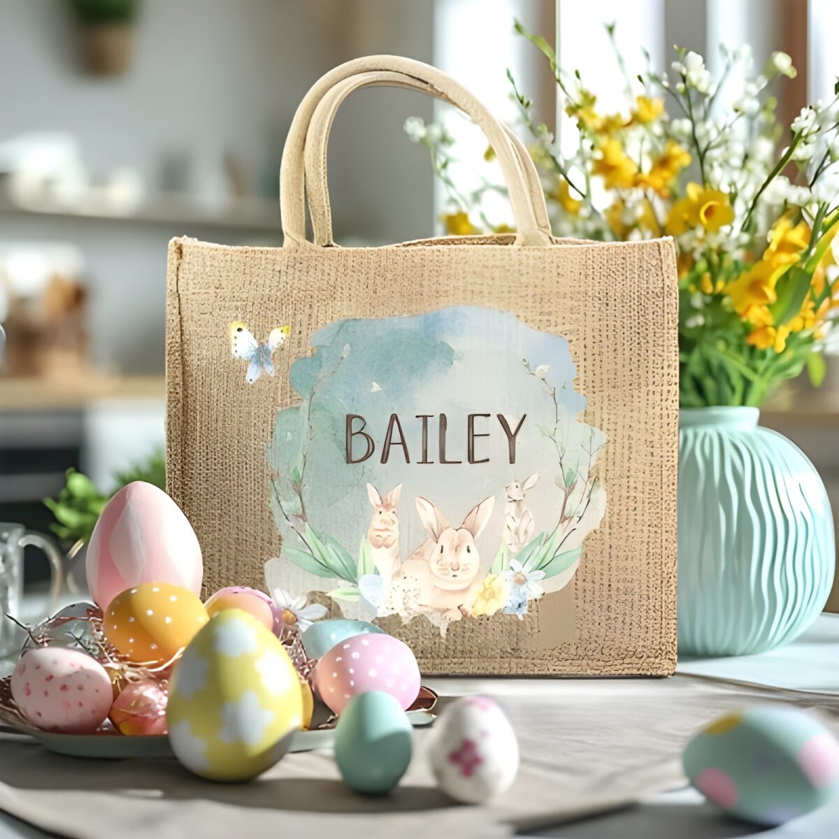 Personalized Easter Bunny Jute Bag for egg hunts