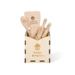 Personalized wooden baking set for kids in a cozy kitchen