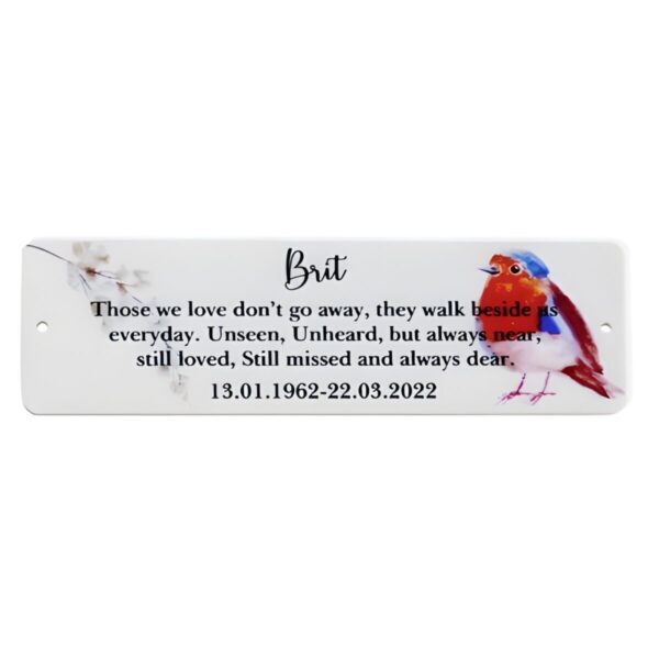 Memorial bench plaque for pets with robin motif