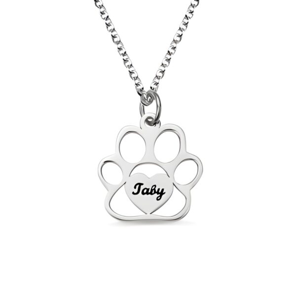 Heartfelt pet name necklace with pawprint design