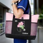Carry Confidence to Work with a Personalized Birth Flower Nurse Tote Bag – Custom Canvas Handbag with Mesh Pocket for Medical Professionals - Image 2