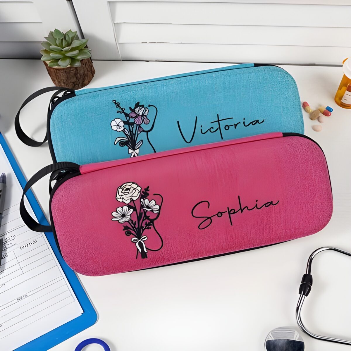 Personalized stethoscope box for nurses with birth flower design