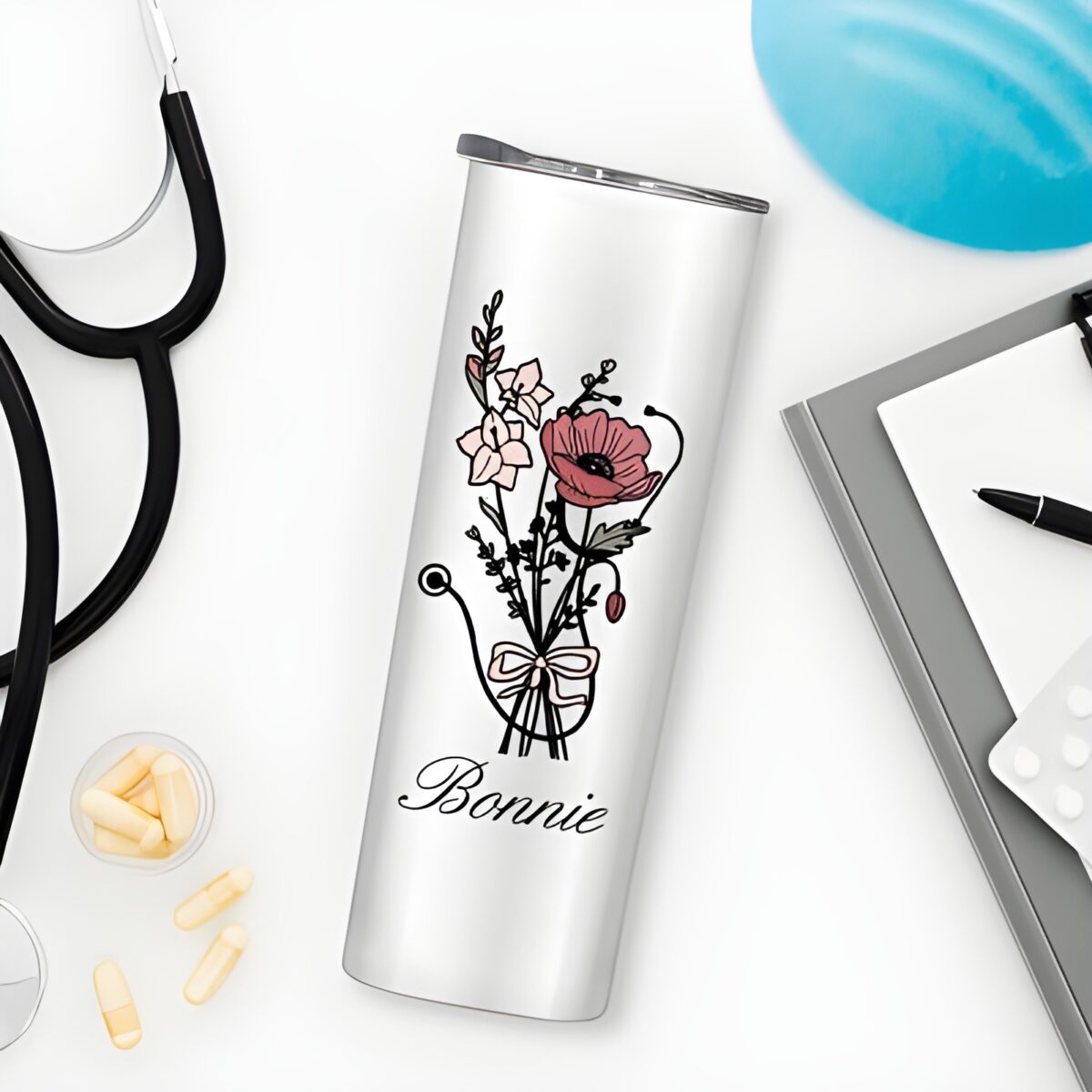 Personalized Birth Flower Stethoscope Tumbler for healthcare professionals