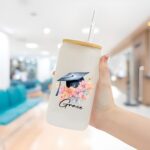 Toast to Achievement with a Personalized Graduation Glass Cup – Frosted Flower Design with Bamboo Lid & Straw - Image 3