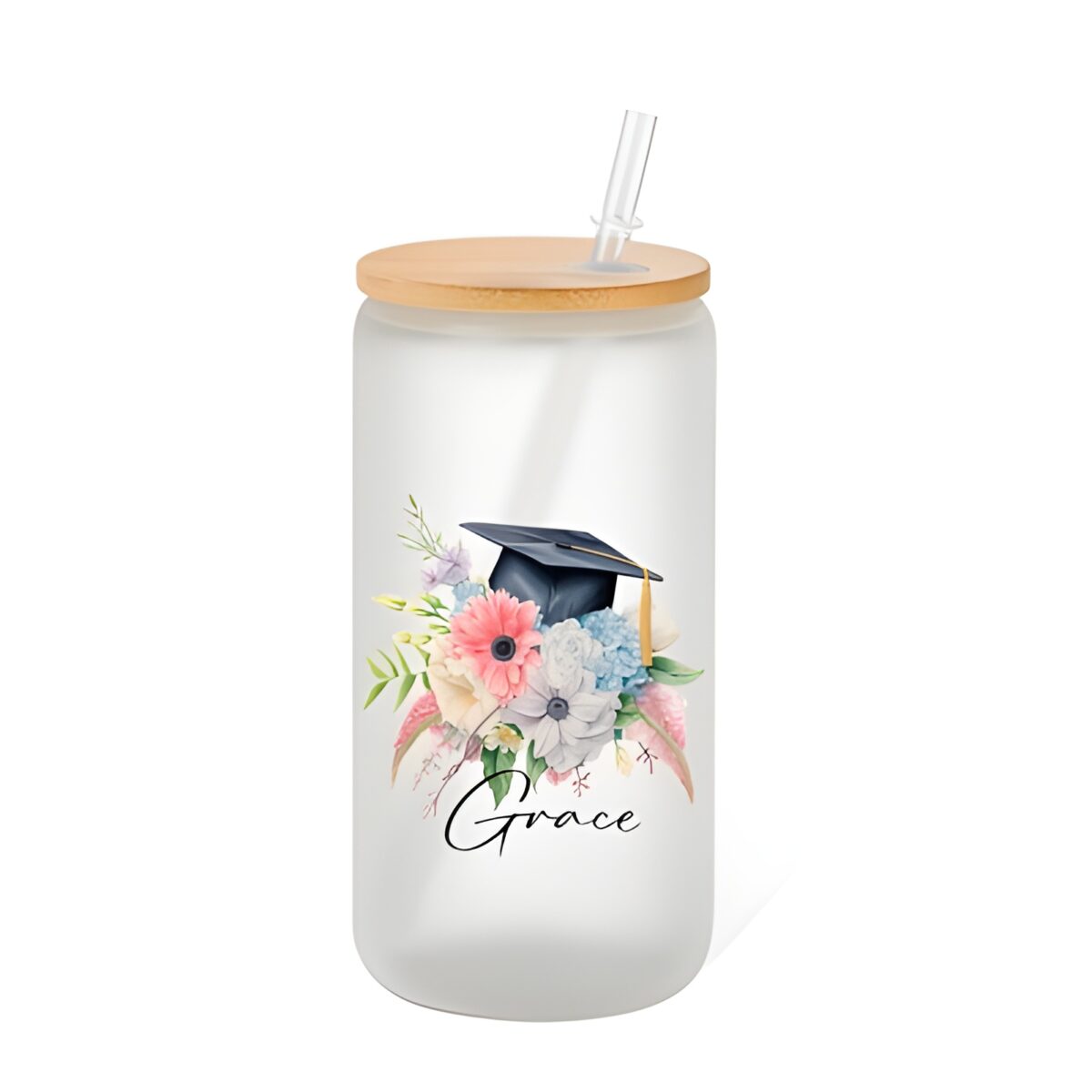 Personalized graduation glass cup with floral design