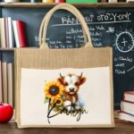 personalized Highland Cow tote bag with sunflowers