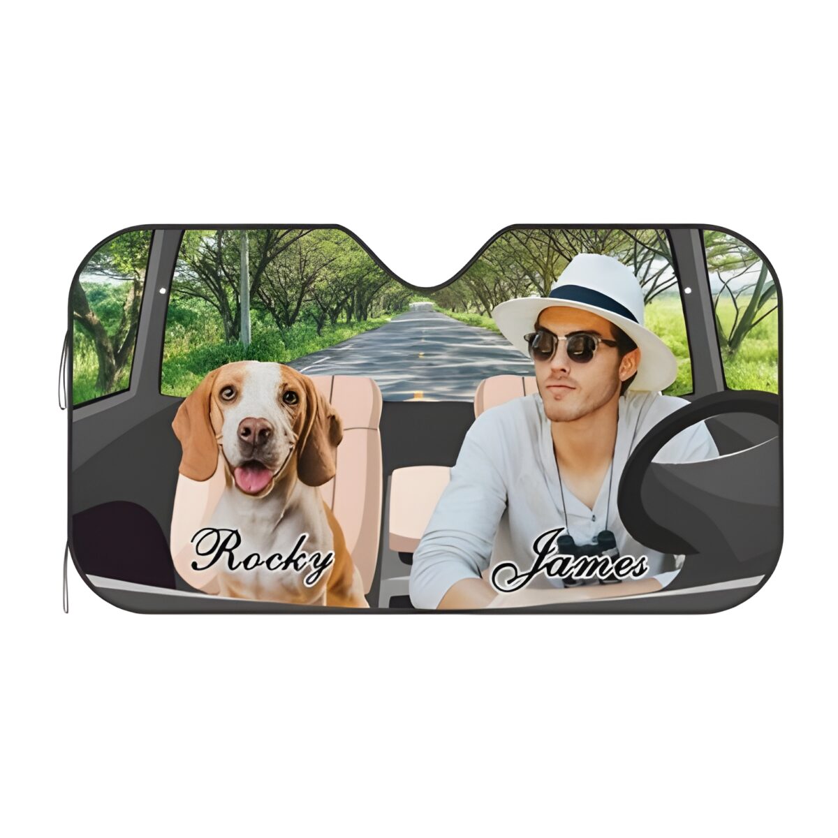 Custom pet and owner car sunshade for road trips
