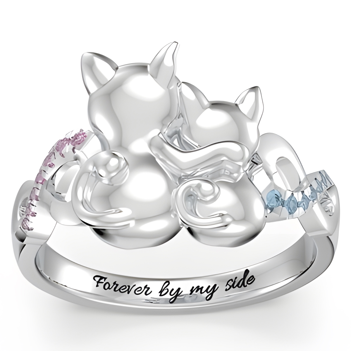 Personalized couple cats birthstone ring for love