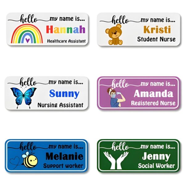 Custom name badge with heartfelt symbols for connection