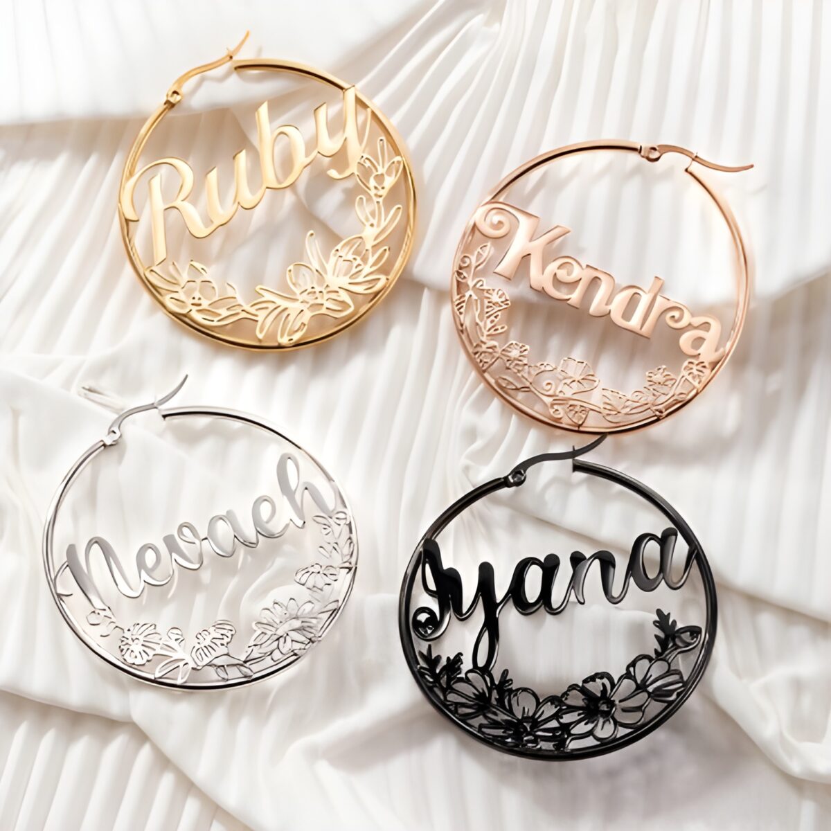 Custom birthflower name hoop earrings for a cherished gift